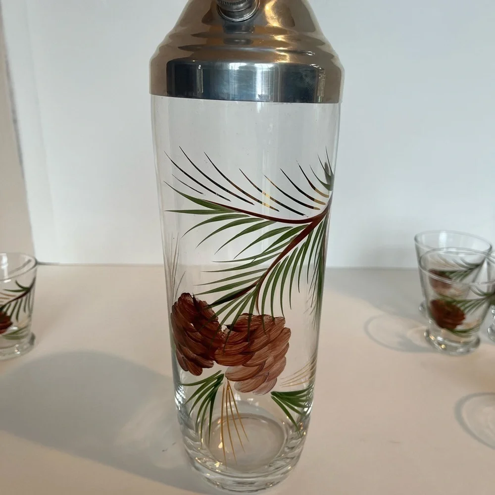 Rare Vintage Cocktail Shaker and Six Glasses Hand-painted Pine and Pinecones